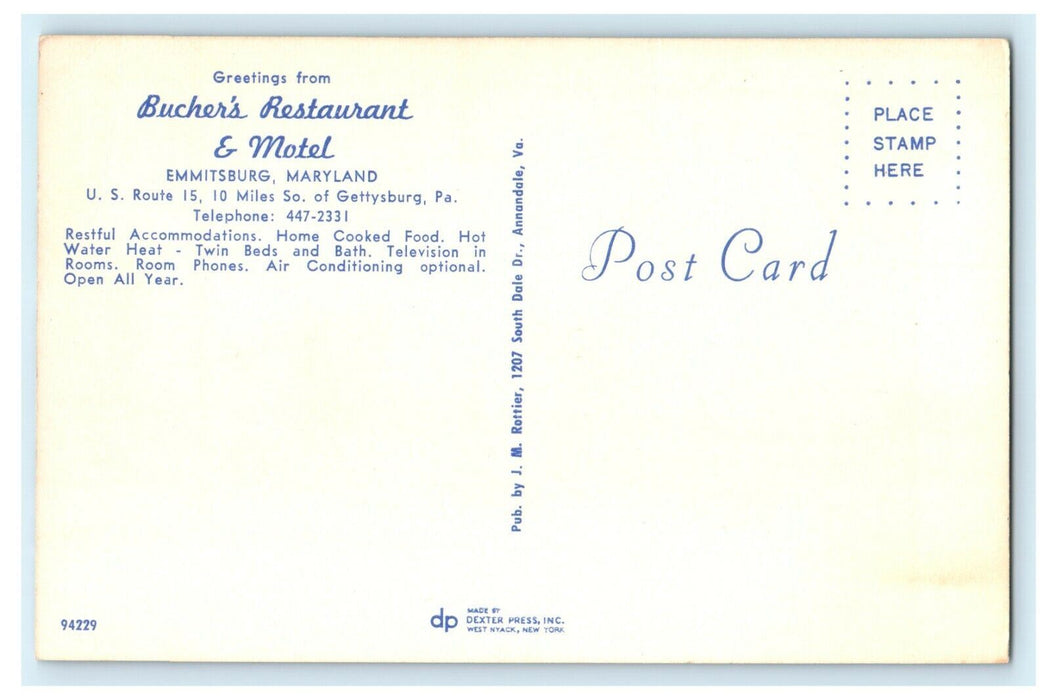 1945 Butcher's Restaurant and Motel, Emmitsburg, Maryland MD Vintage Postcard