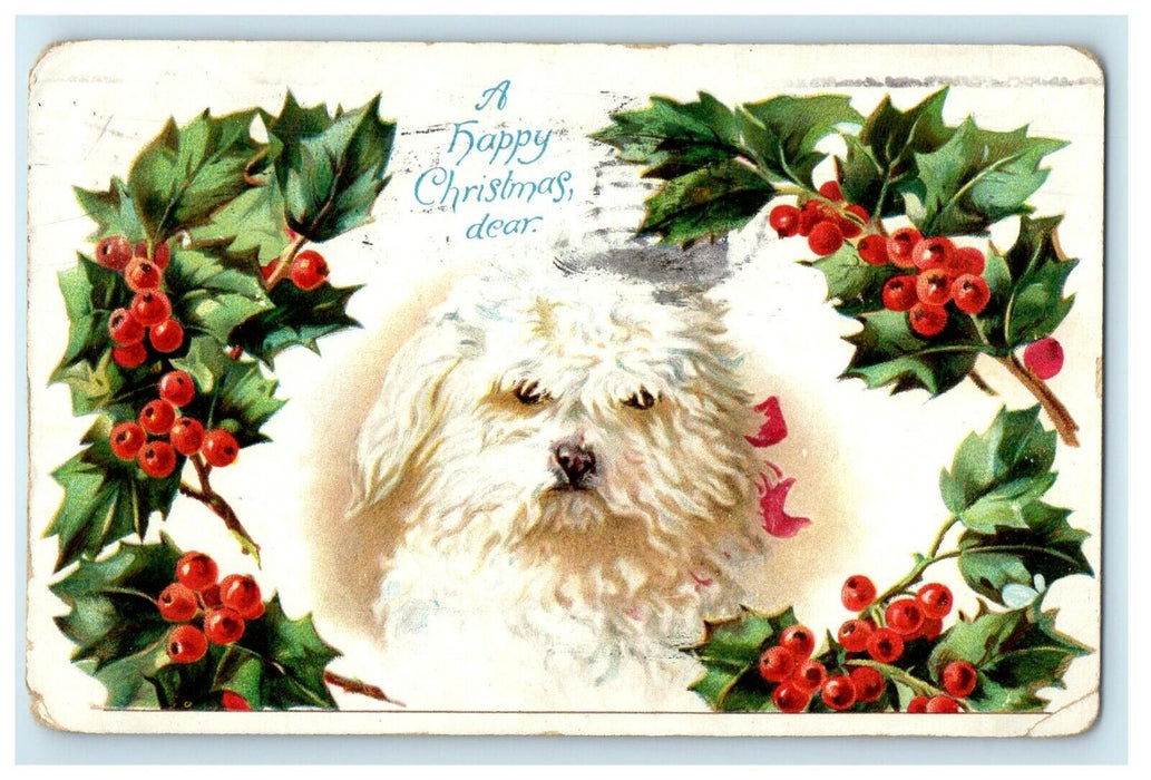 1909 A Happy Christmas Dear Greetings Poodle Dog Holly Berries Postcard