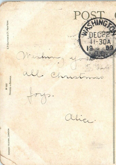 1909 A Happy Christmas Dear Greetings Poodle Dog Holly Berries Postcard