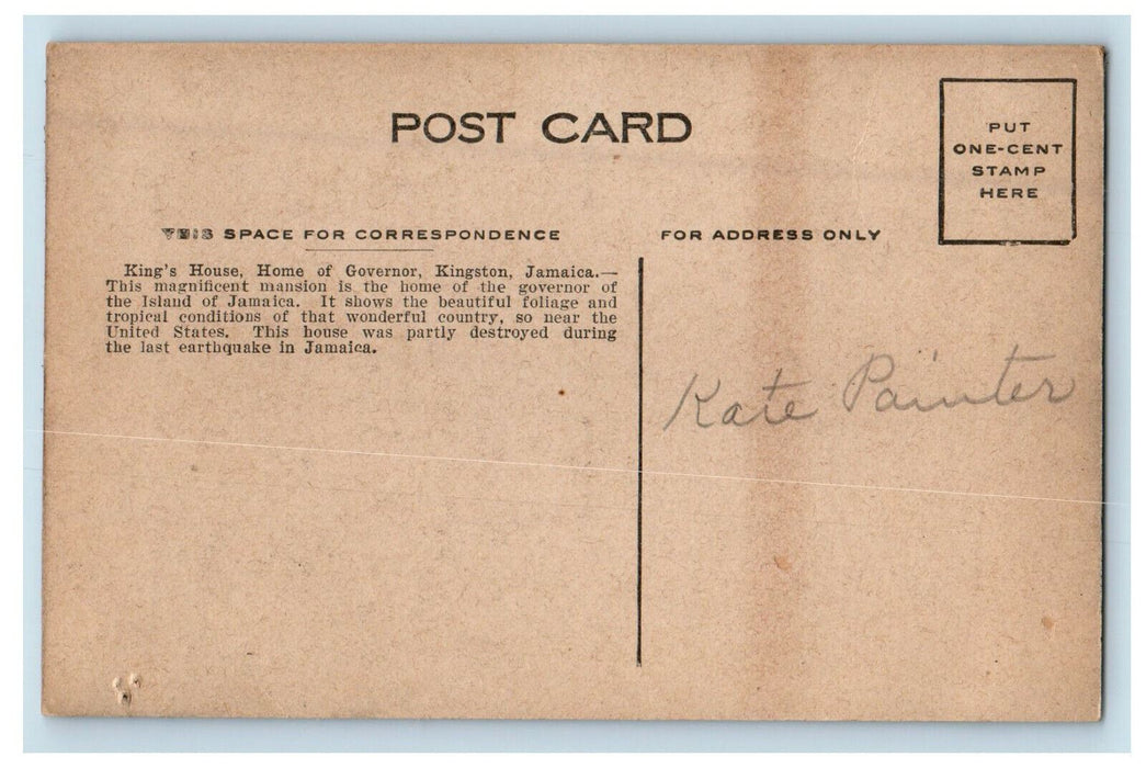 c1910s King's House Home of Governor, Kingston Jamaica Posted Postcard