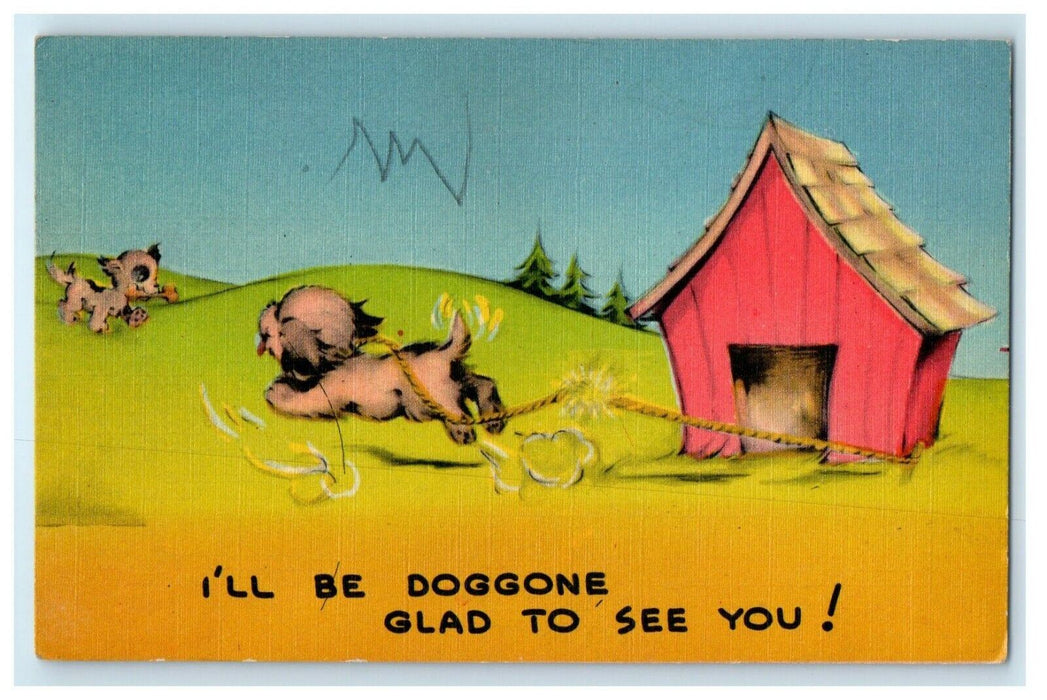 1914 I'll Be Doggone Glad To See You Dog House Bone Greetings East Otis Postcard