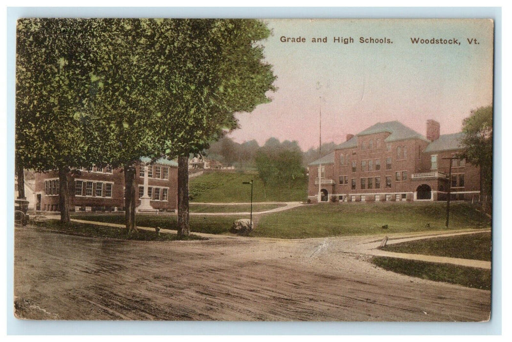 1920 Grade And High Schools Woodstock Vermont VT Handcolored Postcard