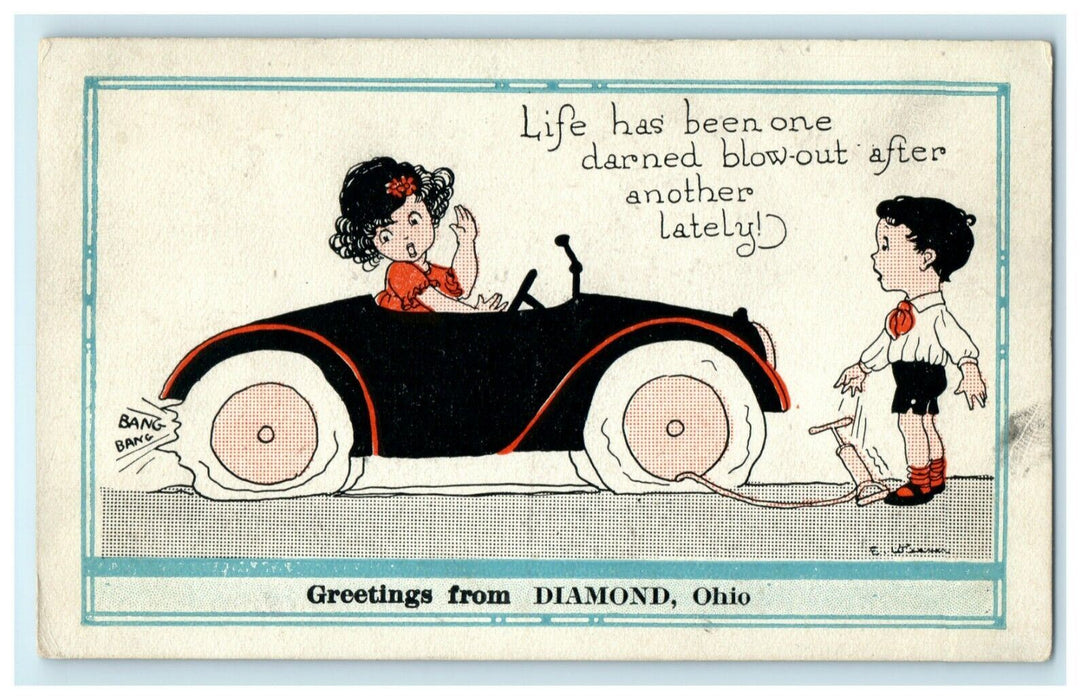 c1920's Greetings From Diamond Ohio OH Antique Classic Car Comic Child Postcard