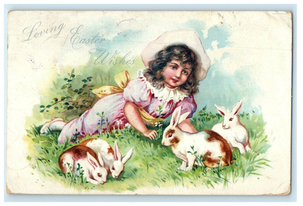 c1910's Tuck's Loving Easter Wishes Girl Dress Pink With Rabbits Postcard