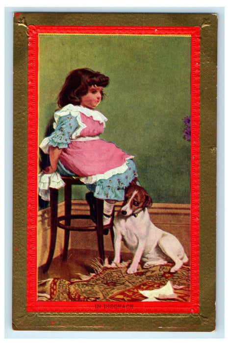 c1910's Little Girl Sitting In Stool Chair Dog At Her Feet In Disgrace Postcard