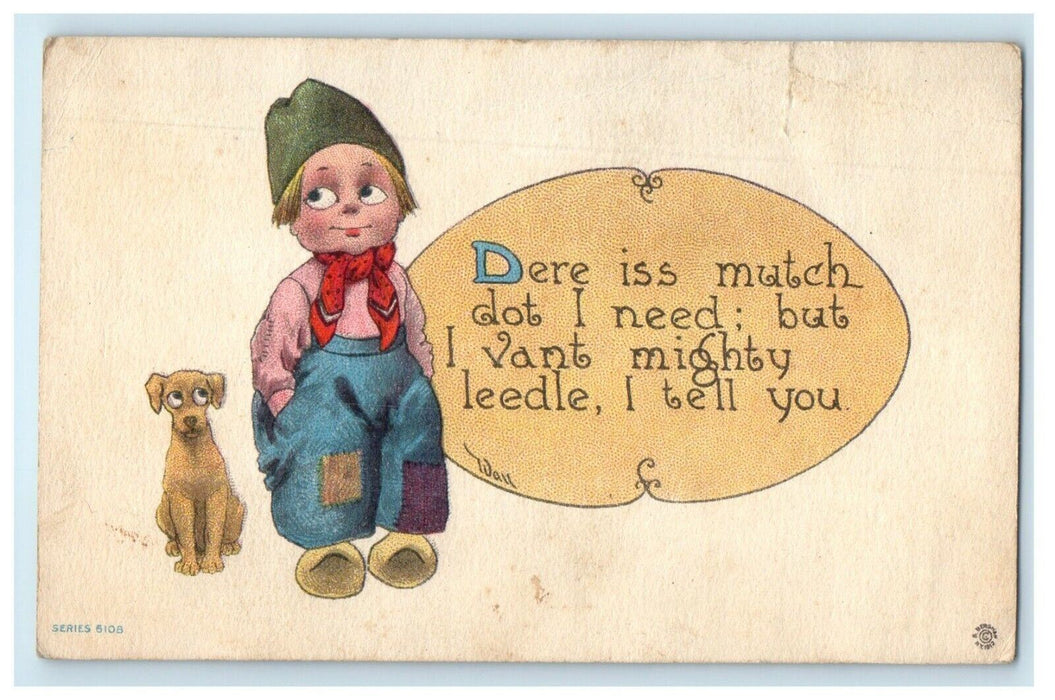 c1910's Dutch Boy And Dog Dere Iss Mutch Dot I need Postcard