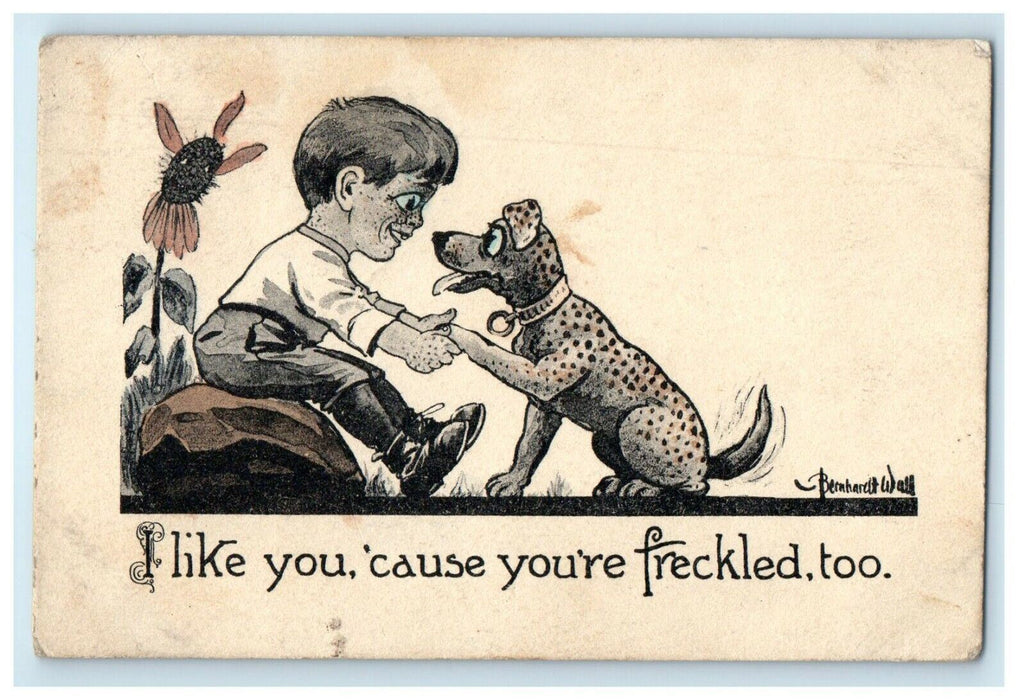 1913  Boy And Dog I Like You Cause You're Freckled Too Sunflower Postcard