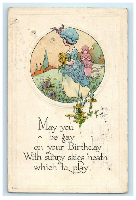 1917 Greetings Birthday Arts and Crafts Girls Picking Flowers Postcard