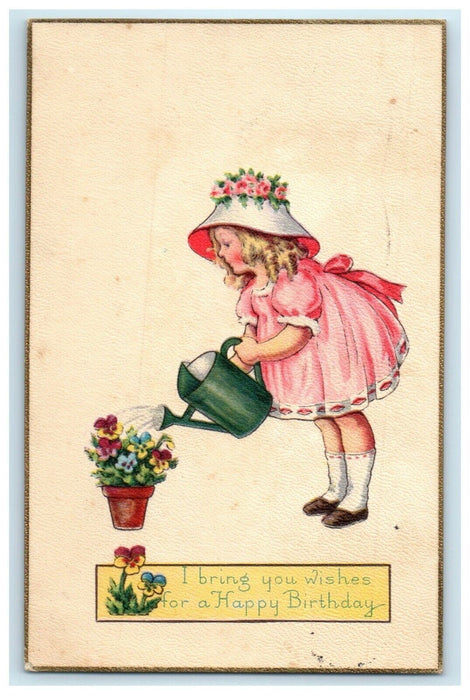 c1910's Greetings Birthday Wishes Girl Dress Pink Hat Watering Flowers Postcard