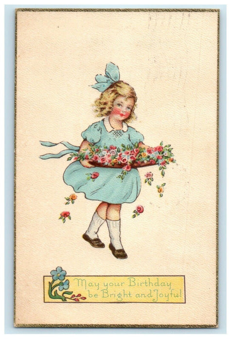 1924 Greetings Birthday Wishes Girl Dress Blue Ribbon Pansies Flowers Postcard