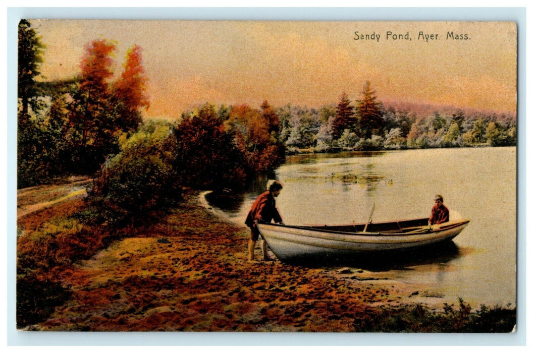 1908 Two Men Riding Boat in Sandy Pond, Ayer, Massachusetts MA Antique Postcard