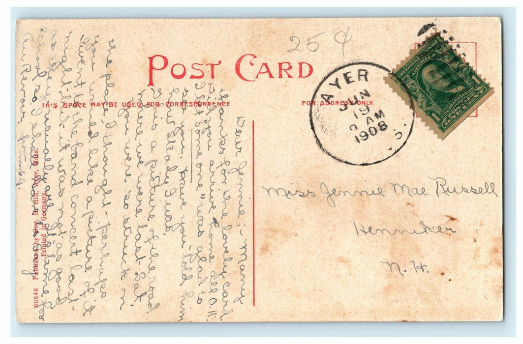 1908 Two Men Riding Boat in Sandy Pond, Ayer, Massachusetts MA Antique Postcard