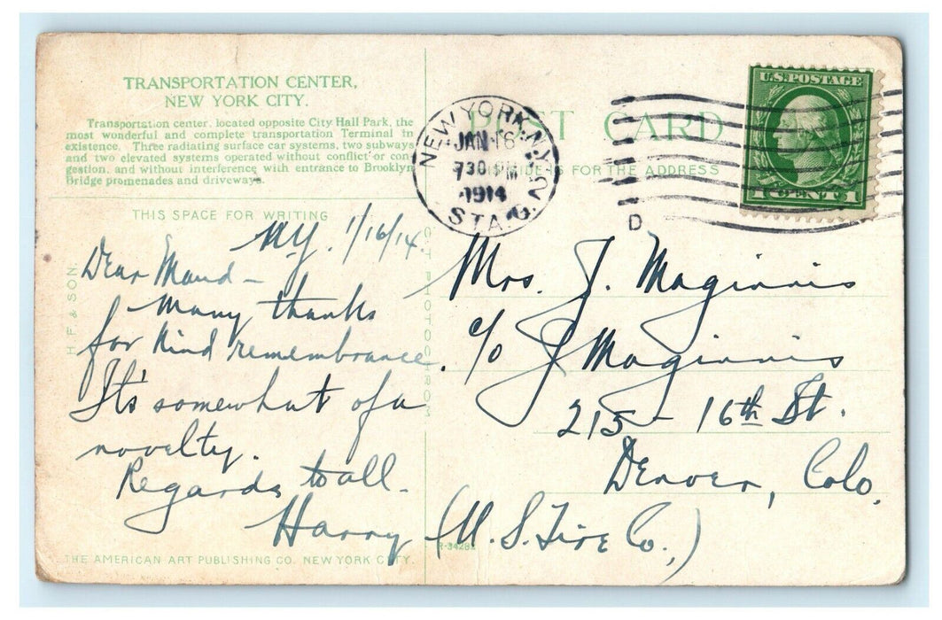c1914 New York City Transportation Center New York NY Posted Antique Postcard