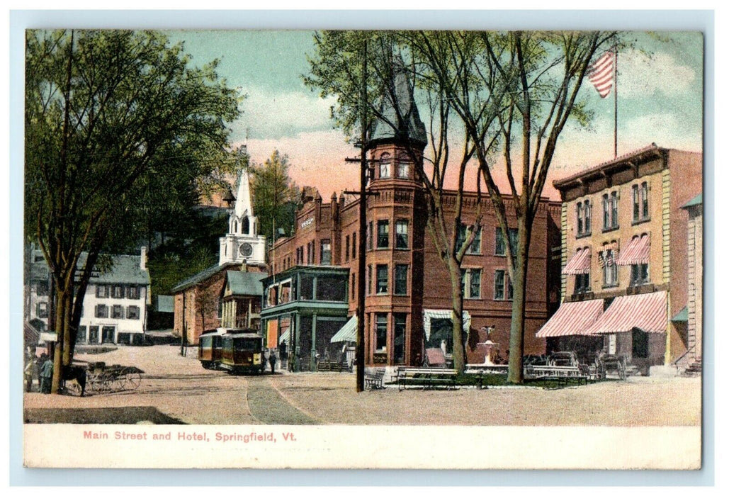 1909 View Of Main Street And Hotel Springfield Vermont VT Antique Postcard