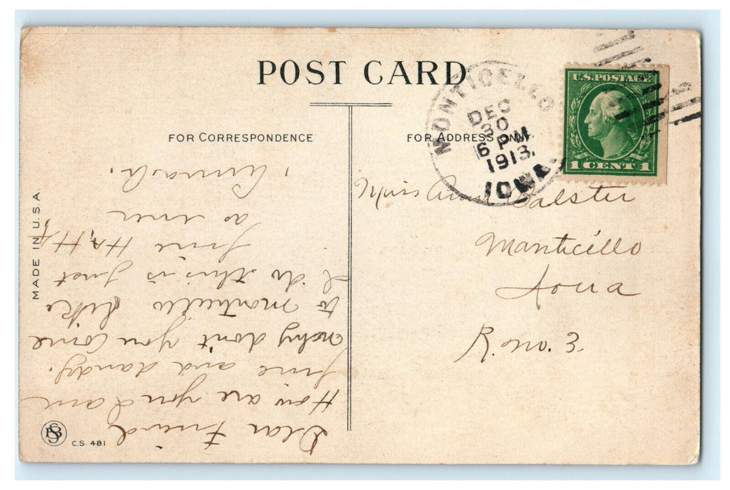 1913 Monticello, IA. Pennant Design "Because I Live In" Letter Iowa Postcard