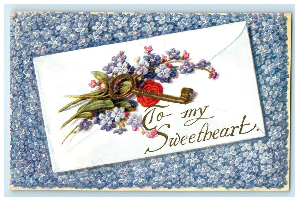 c1910's Valentine Pansies Flowers White Envelop And Key Embossed Postcard