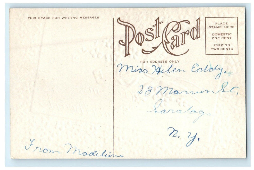 c1910's Valentine Pansies Flowers White Envelop And Key Embossed Postcard