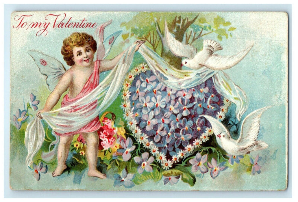 c1910's Valentine Cherub Angel Heart Pansies Dover Birds Embossed Postcard