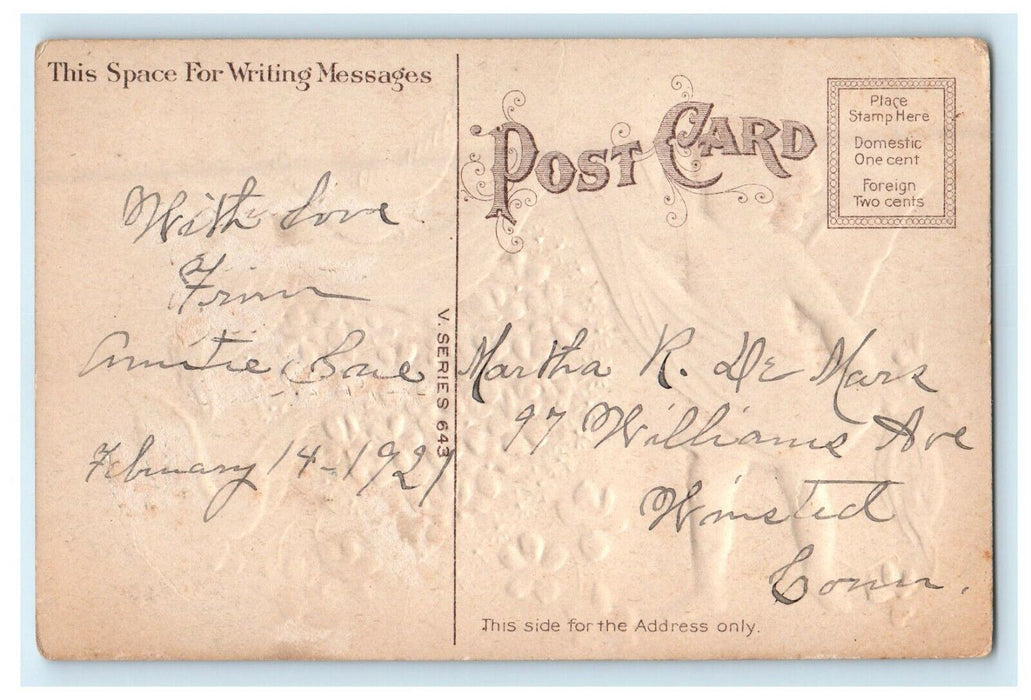 c1910's Valentine Cherub Angel Heart Pansies Dover Birds Embossed Postcard
