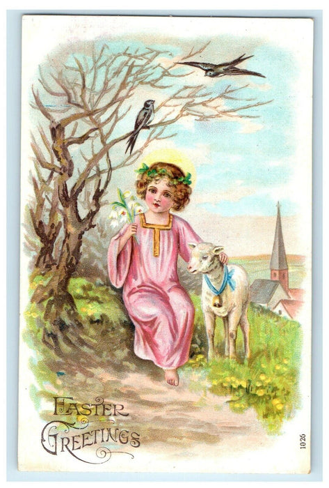 c1910's Easter Greetings Victorian Girl And Lamb Birds Hanging Tree Postcard