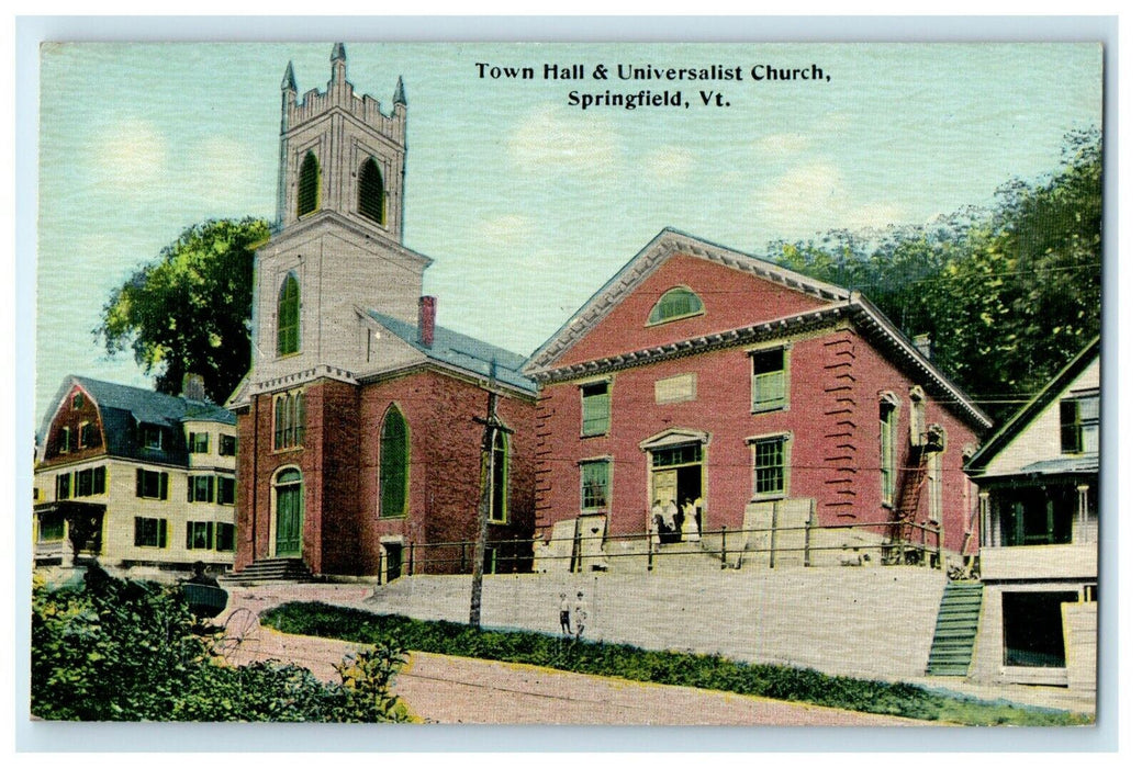 c1910 Town Hall University Church Street View Springfield Vermont VT Postcard