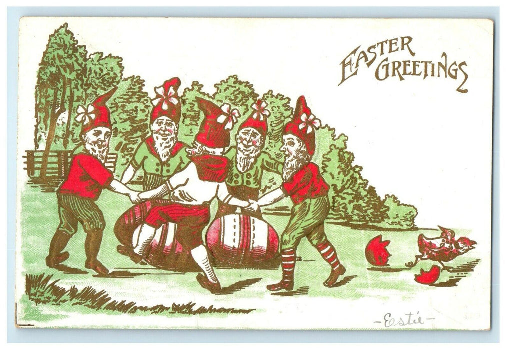 1908 Easter Greetings Elves Dancing Giant Eggs Chick Glenrock PA Postcard