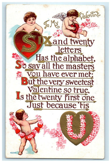 1911 Valentine Poem Cherubs Angels Hearts And Flowers Embossed Germany Postcard