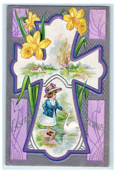 c1910's Easter Greetings Purple Cross Girl Duck House Flowers Embossed Postcard