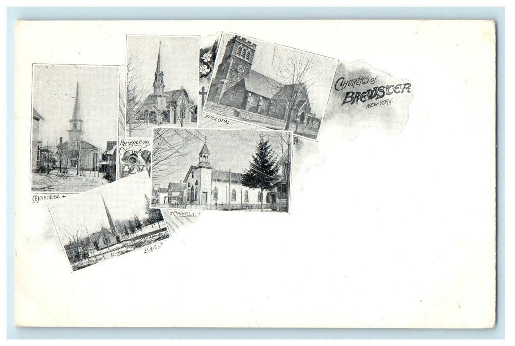 1901 Multiview of Churches of Brewster, New York NY Antique Unposted Postcard