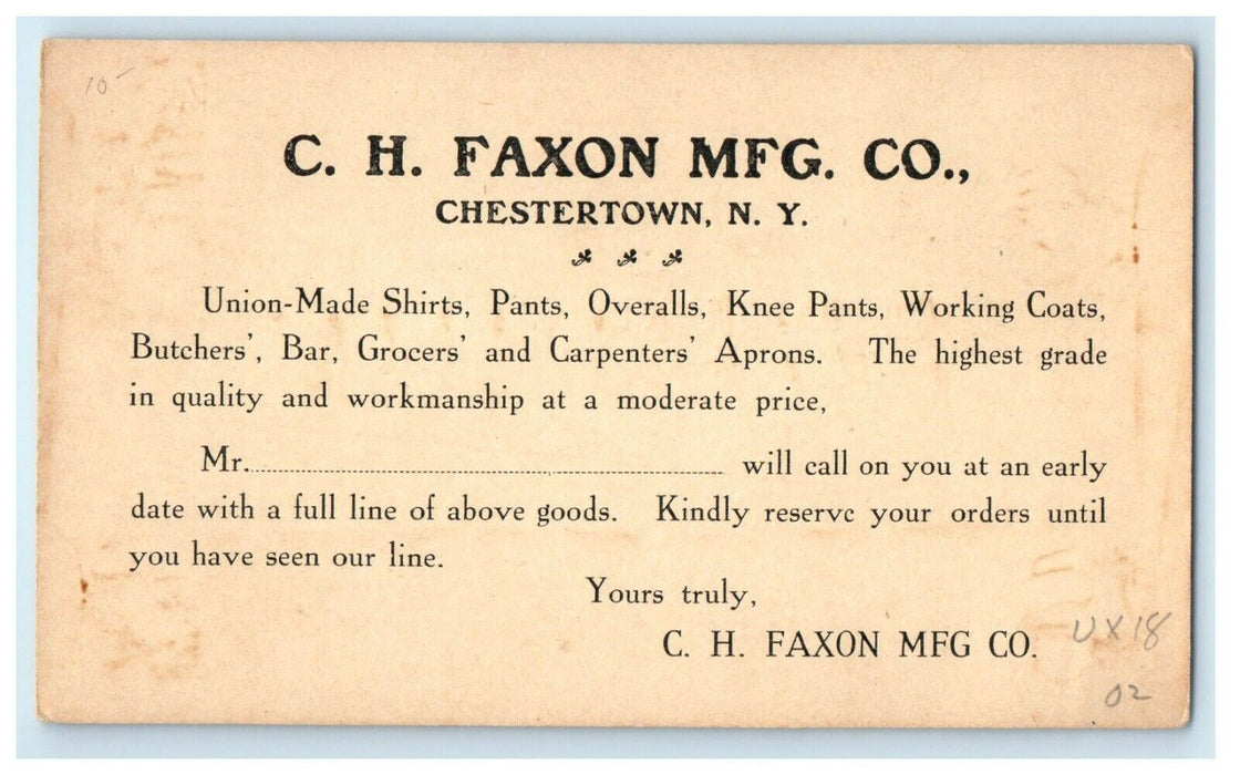 c1902 C.H Faxon MFG CO. Union Shirt Pants Chestertown NY Advertising Postcard