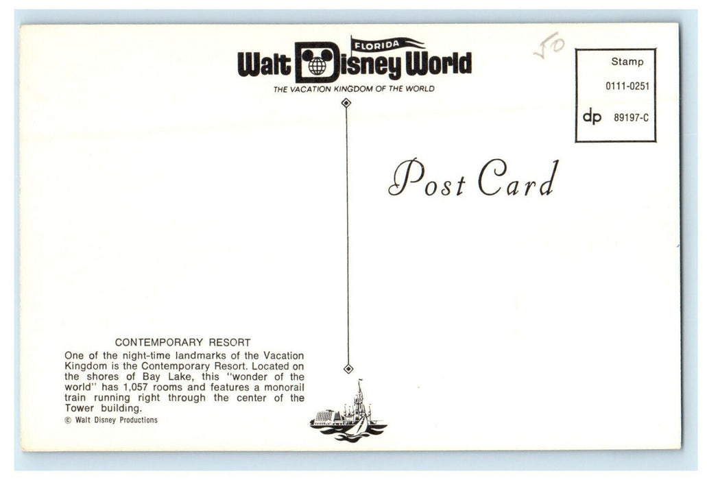 Contemporary Resort, Night Time Landmarks, Walt Disney World Postcard
