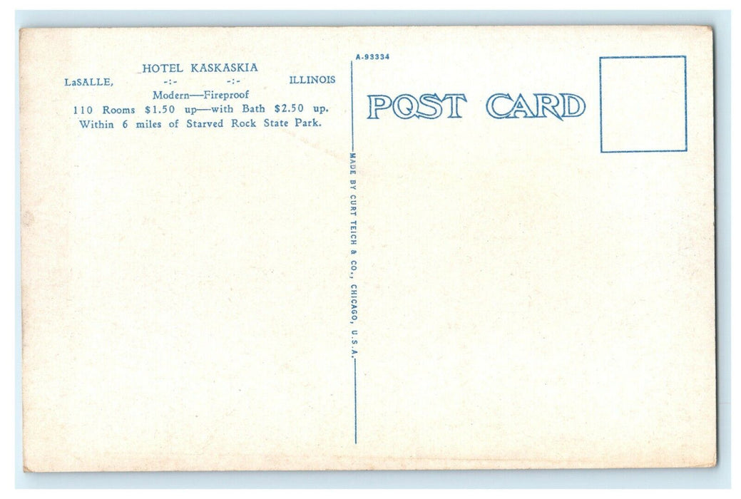 1913 Hotel Kaskaskia, Modern Fireproof Hotel in La Salle, Illinois IL Postcard