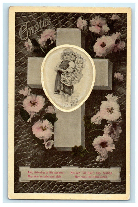 c1910's  Easter Greetings Silver Cross Girl Flowers Head Basket Chicks Postcard