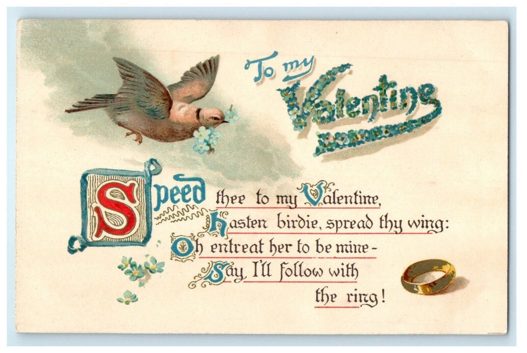 c1905 Valentine In Pansies Flowers Bird Flying Ring Unposted Antique Postcard