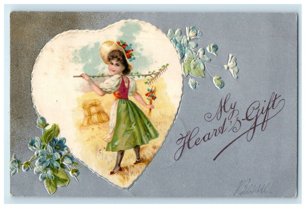 1907 Valentine My Heart's Gift Girl Big Hat Rake And Flowers Embossed Postcard