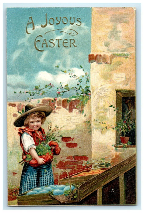 c1910's A Joyous Easter Girl Big Hat And Eggs Embossed Antique Postcard