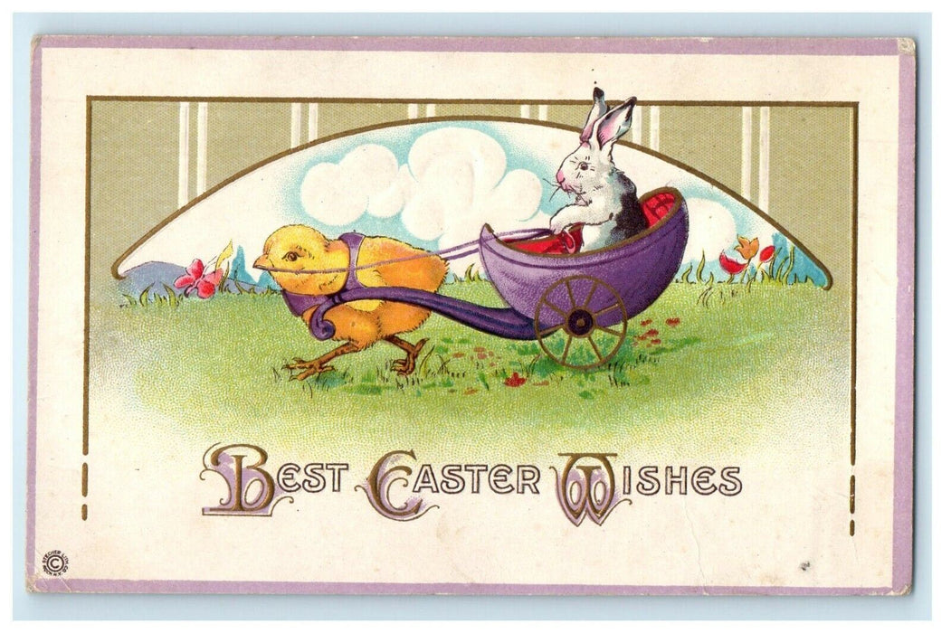 c1910's Greetings Easter Wishes Giant Chick Pulling Egg Cart Rabbit Postcard