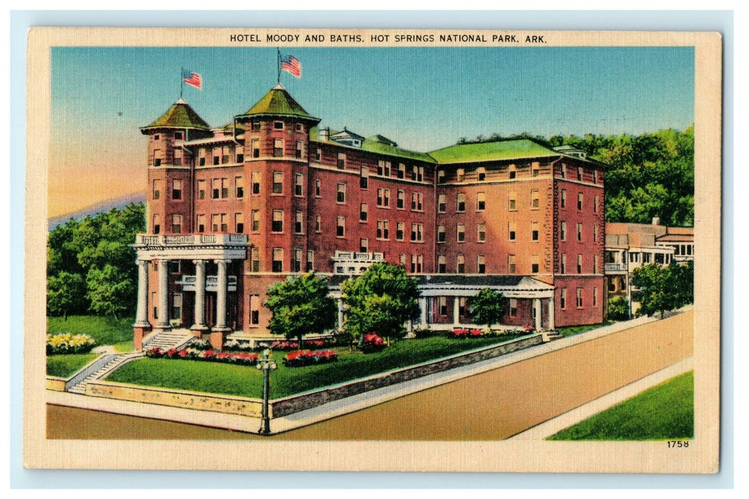 1941 Hotel Moody and Baths, Hot Springs National Park, Arkansas AR Postcard