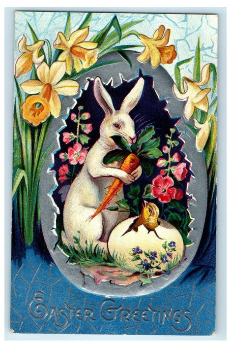 1919 Easter Greetings Giant Egg Hatched Chick Rabbit Carrots Embossed Postcard