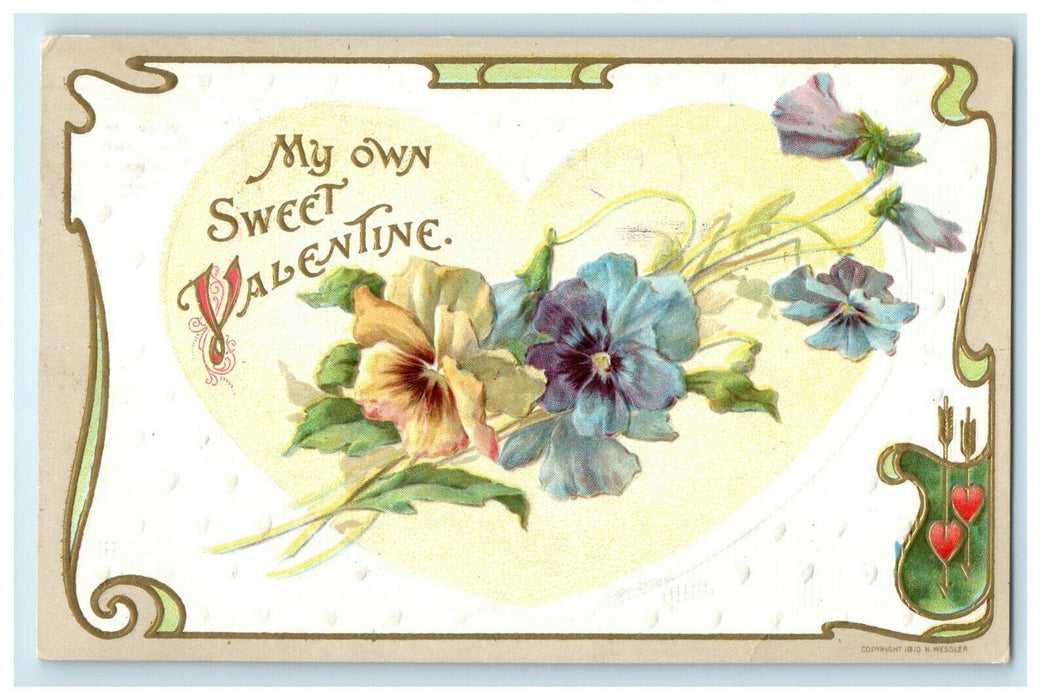 1912 Valentine Heart And Flowers H. Wessler Posted Antique Postcard