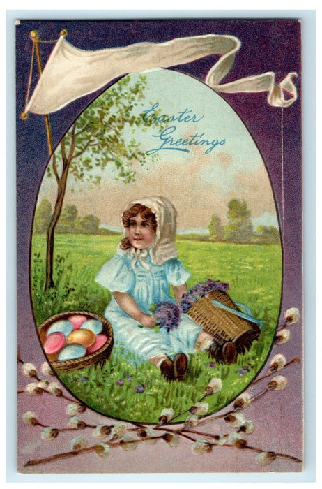 c1910's Easter Greetings Girl With Basket Eggs Pansies Flowers Embossed Postcard