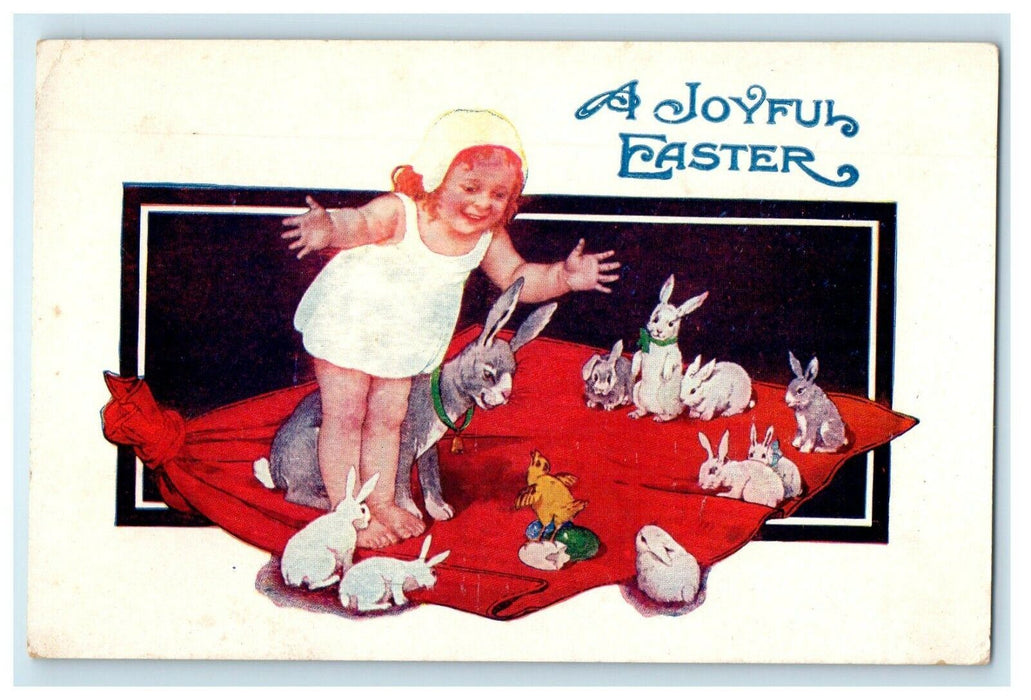 c1910's A Joyful Easter Little Girl And Rabbits Playing Eggs Blanket Postcard