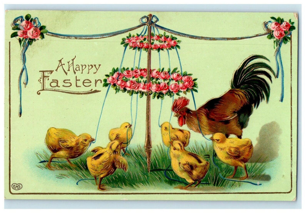 c1910 Greetings A Happy Easter Rooster Chicks Pink Rose Flowers EAS Gel Postcard