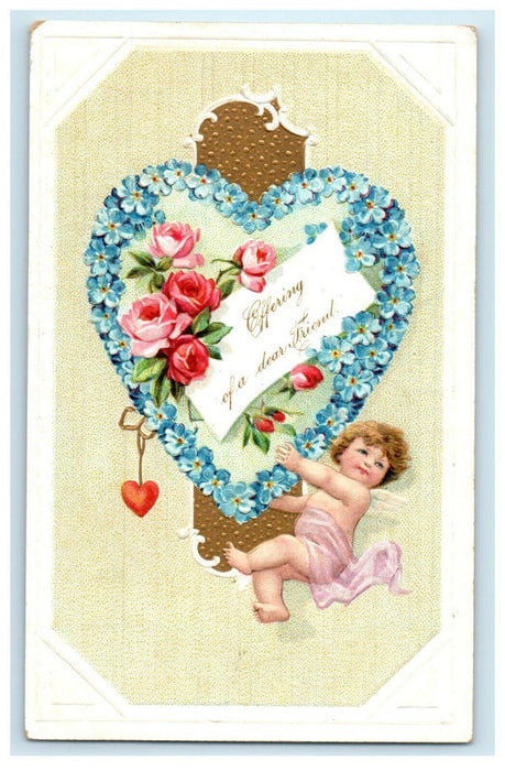 c1910's Valentine Cherub Angel Heart Pansies Flowers Embossed Germany Postcard