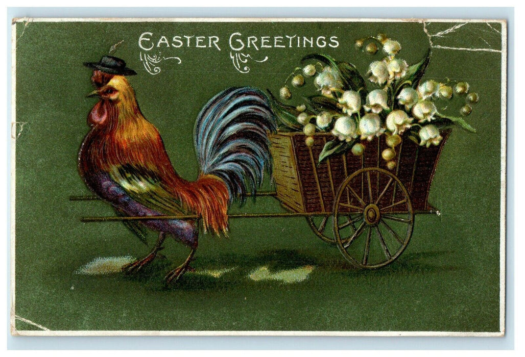 1908 Easter Greetings Rooster Hat Pulling Cart Orchid Flowers Embossed Postcard