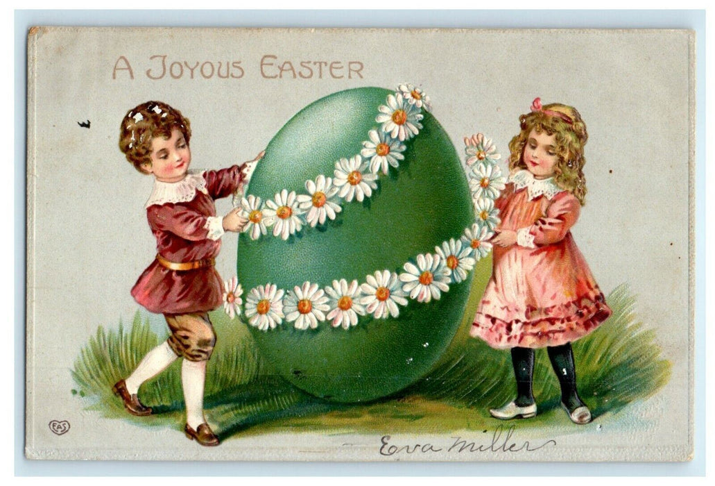 1909 Greetings Joyous Easter Victorian Girl Boy Giant Egg White Flowers Postcard