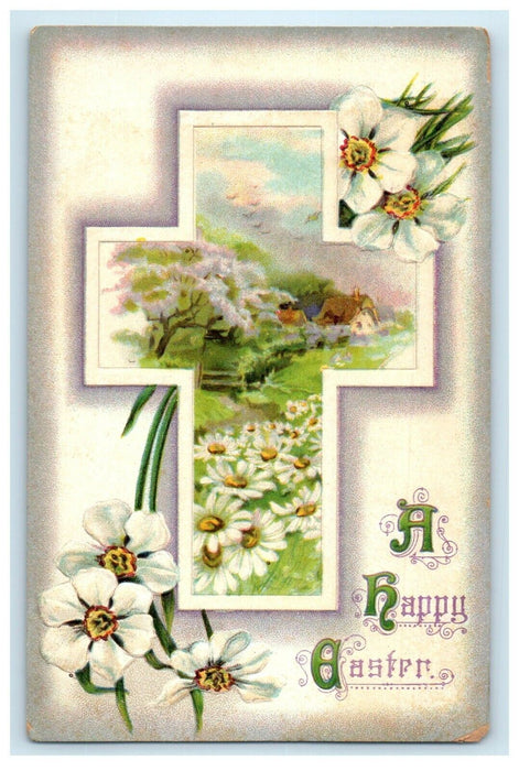 1913 Greetings Happy Easter Cross White Lily Flowers House Embossed Postcard