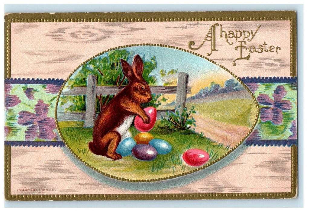 c1910's Greetings Easter Rabbit Collecting Eggs Embossed Antique Postcard