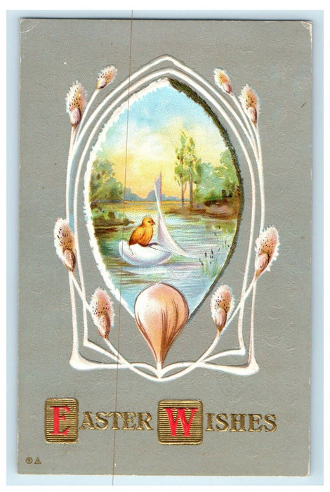 c1910's Greetings Easter Wishes Hatched Egg Chick Pond Embossed Postcard