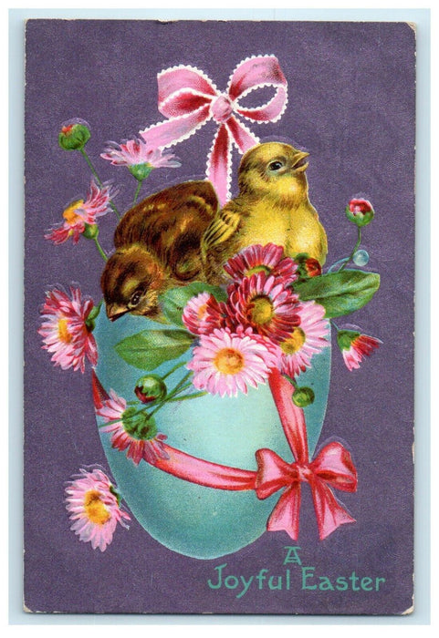 1909 Greetings A Joyful Easter Egg Hatched Chicks Pink Ribbon Flowers Postcard